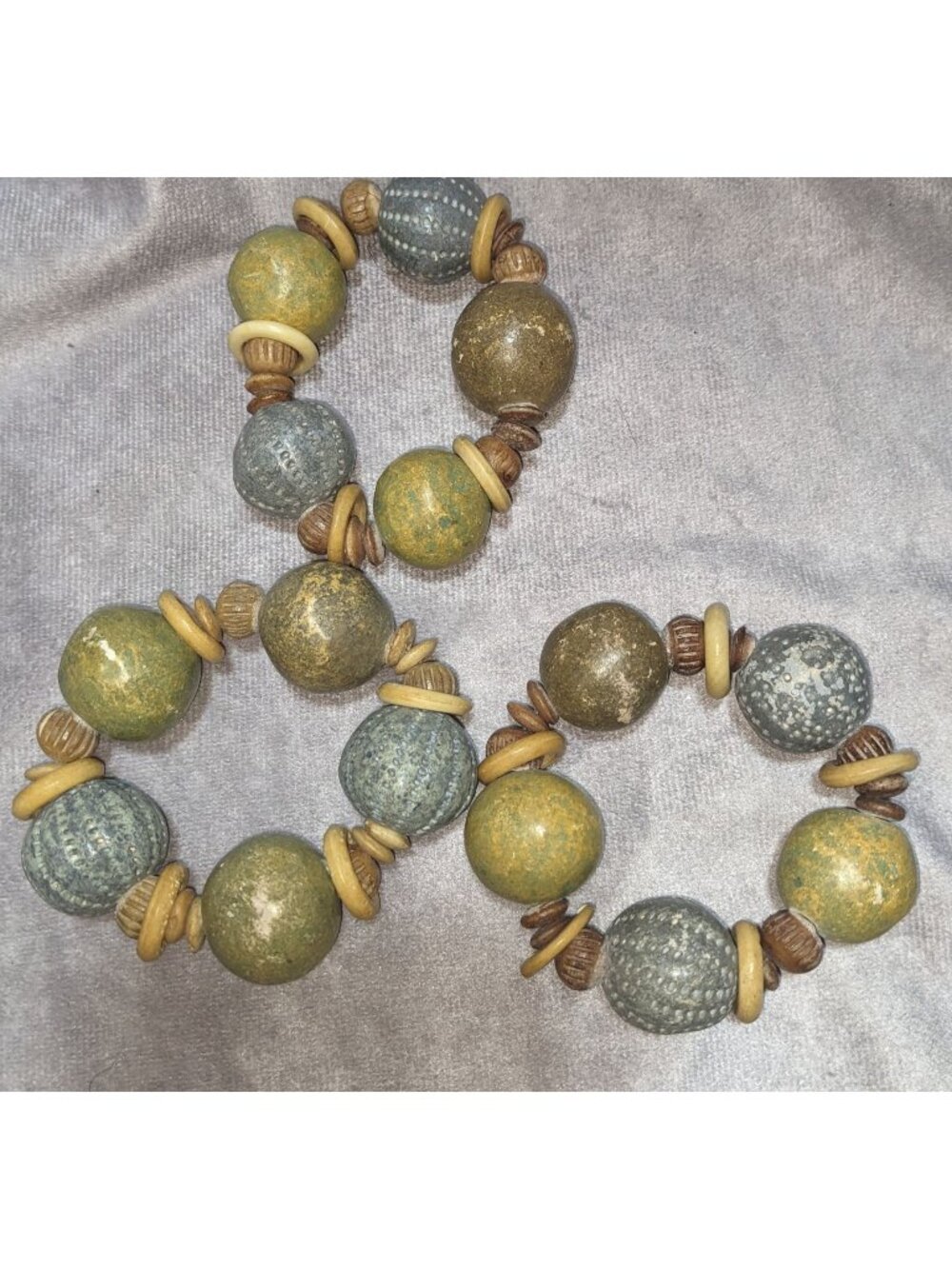 Rustic Wooden & Ceramic Beaded Napkin Rings Earthy Green & Beige Set Of 3